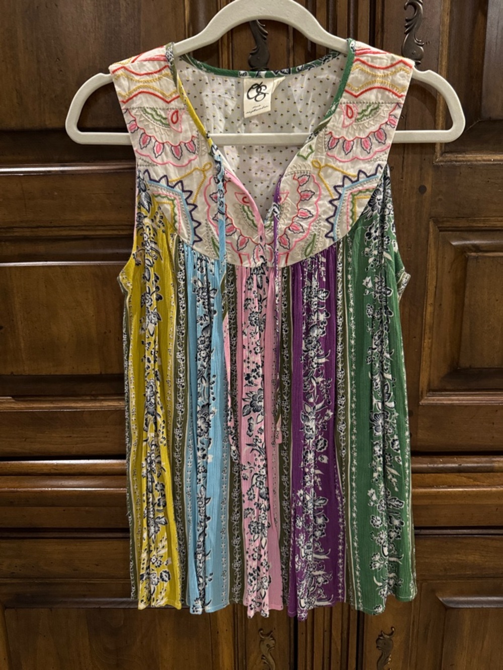 Anthro Boho Multi-Stripe Sleeveless Tunic with Embroidered Yoke - Small